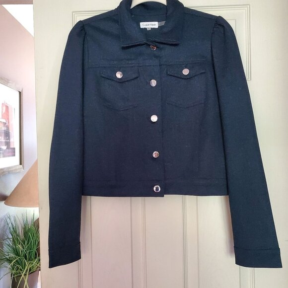 Calvin Klein Womens Cropped Denim Jacket M Buttons Navy Blue Puff Sleeves - Picture 1 of 10